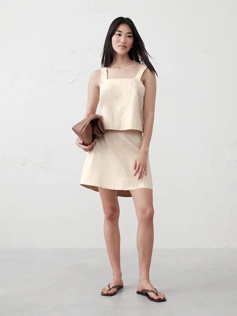LINEN-BLEND BOXY TOPSTITCH TANK